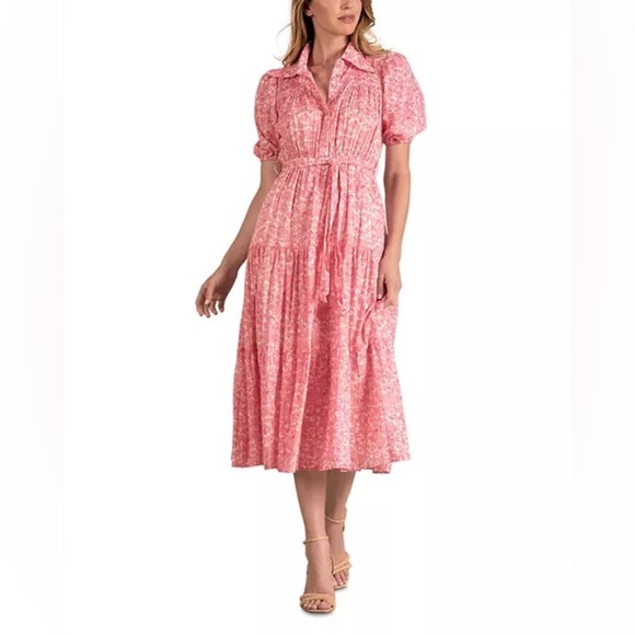 Elan Cotton Tiered Shirt Dress Pink Floral M Belted Puff SS Prairie Cottagecore - Picture 1 of 11